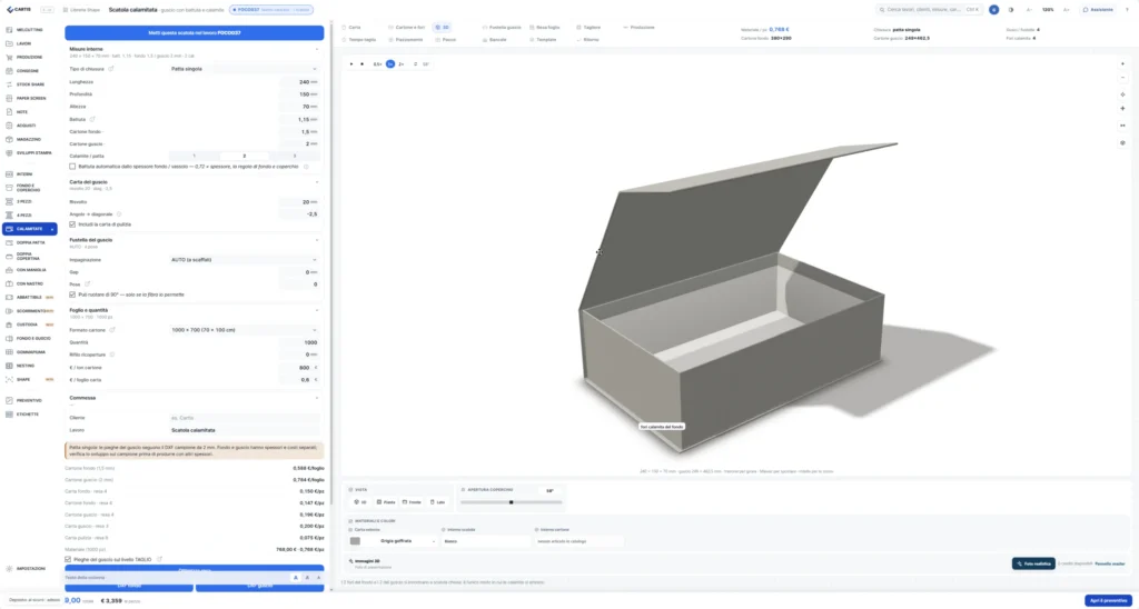 Cartis: Maße und Materialien einer Magnetbox mit 3D-Vorschau und Angaben zur Bogenausnutzung. Der Bildschirm zeigt ein Projekt in Bearbeitung.