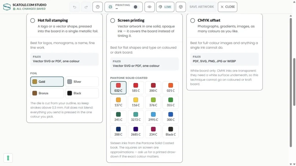 Scatole.com Design Studio mit dem offiziellen Logo und den Werkzeugen zur Gestaltung.