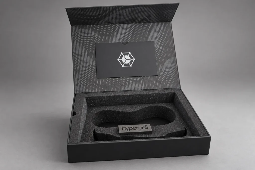 Geöffnete individuelle Schachtel mit geformter Schaumstoffeinlage und laserbeschriftetem Hypercell-Schild.